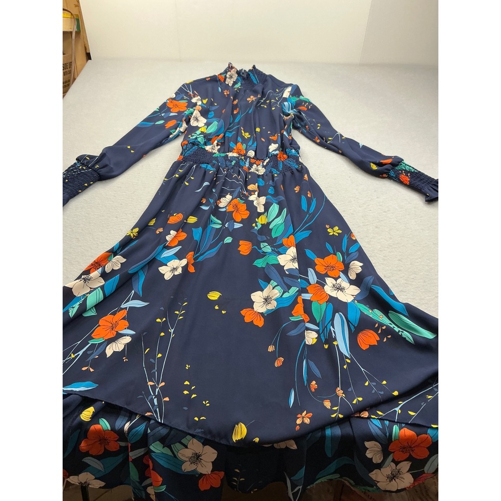 Nanette Lepore Floral Midi Dress Smocked Waist Mock Neck Navy Blue Size 6 Boho
